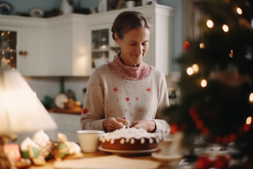 Woman baking a christmas cake in a cozy kitchen