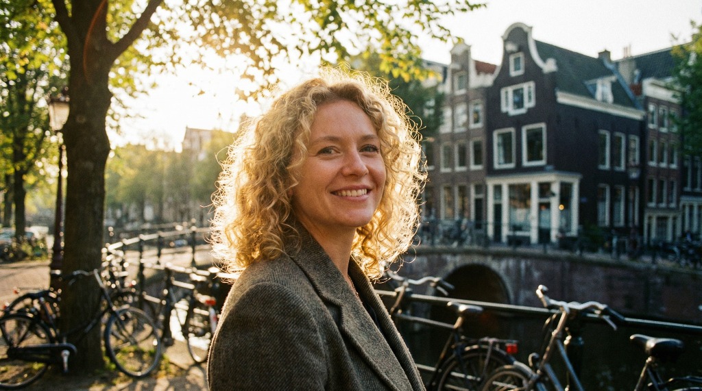 Smiling woman stands by a canal in Amsterdam with bicycles.