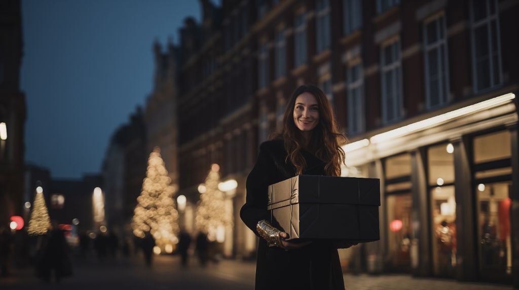 Woman holding a large gift box on a vibrant city street | Christmas theme