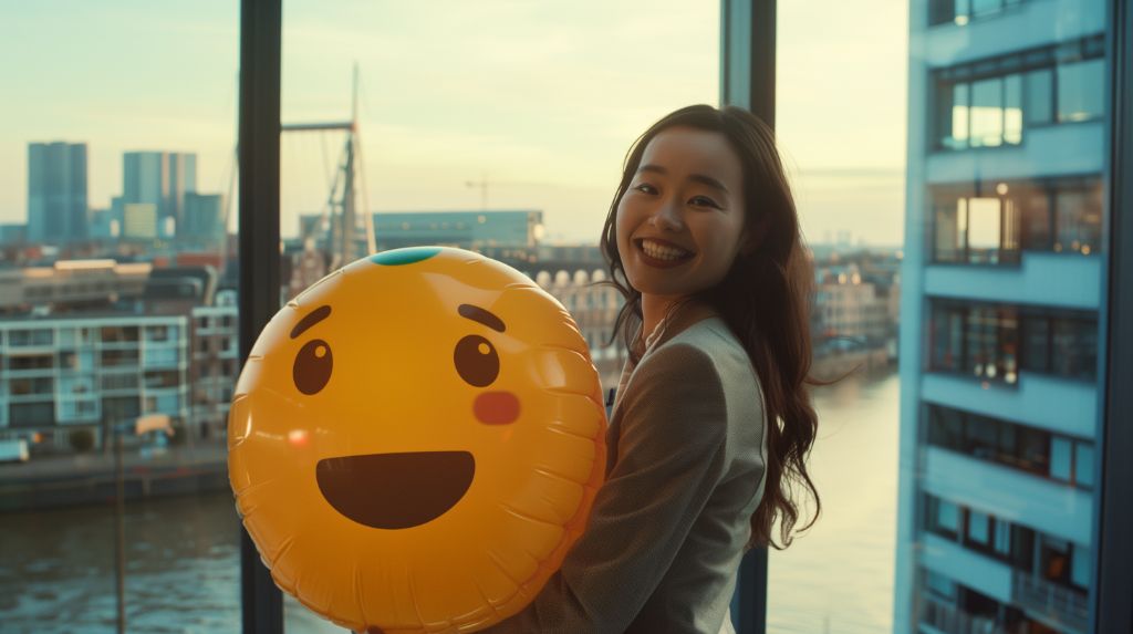 Woman smiling with a large emoji balloon in an urban setting at dusk