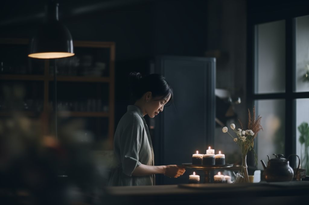 Asian woman preparing cake in candlelit cozy kitchen
