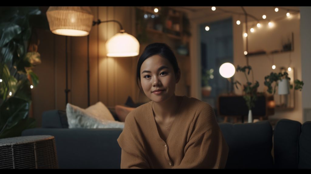 Asian woman in modern living room