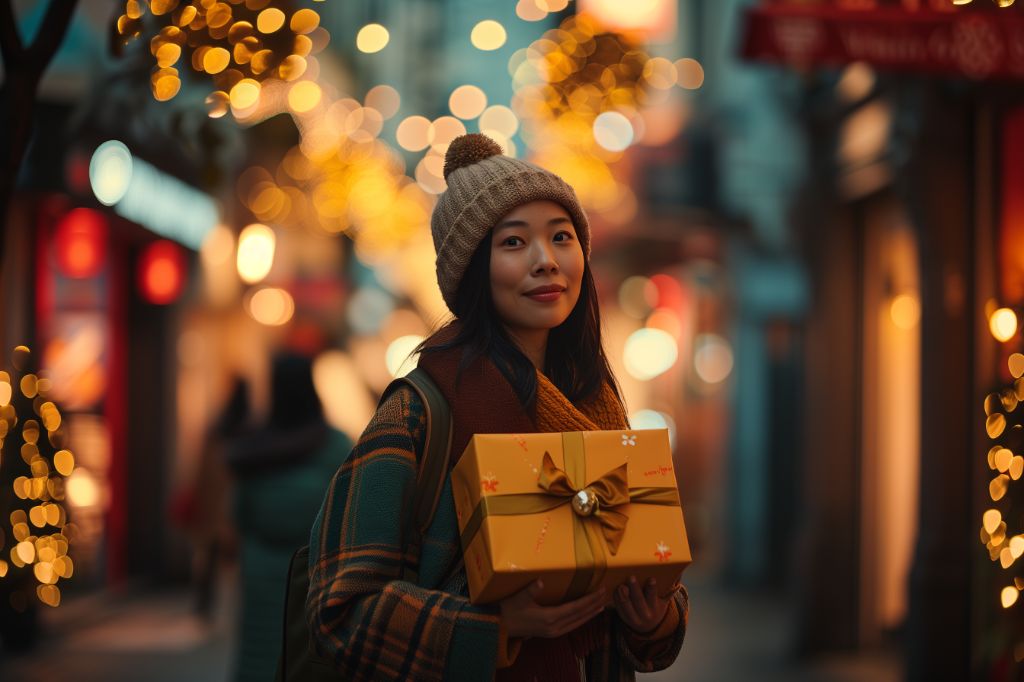 asian woman with gift box in vibrant city street at christmas.