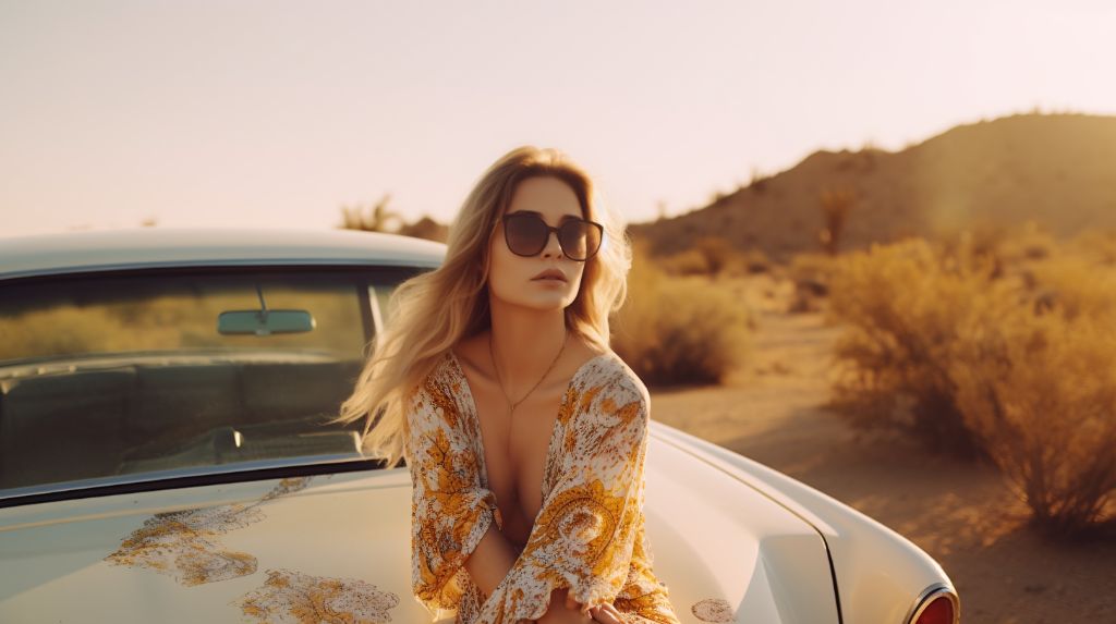 Woman with vintage car in desert landscape