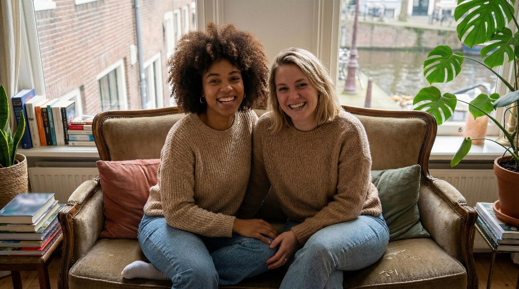 Two women sitting on a couch by a window, smiling.