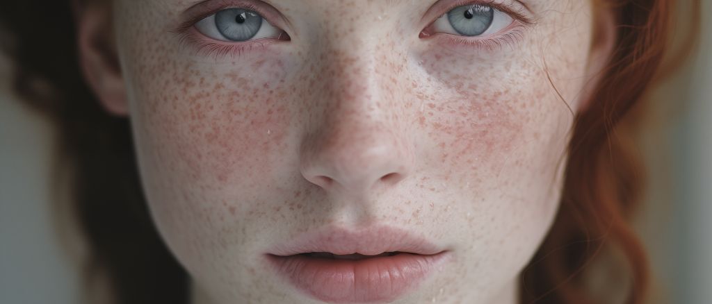 close-up of woman with freckles and pale skin