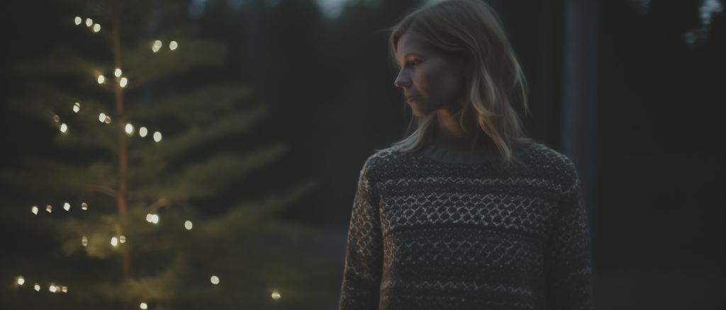 Woman wears vintage christmas sweater christmas, evening, fashion scandinavia christmas