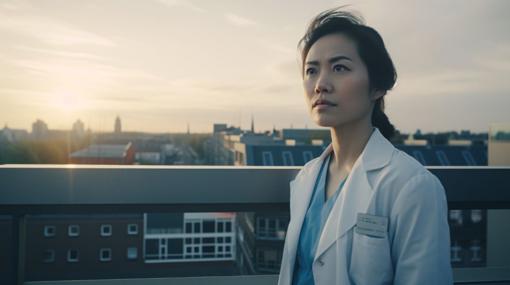 Asian medical professional standing next to a window
