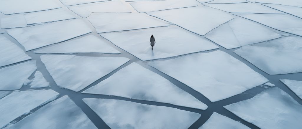 Woman on frozen lake with geometric ice patterns, aerial shot.
