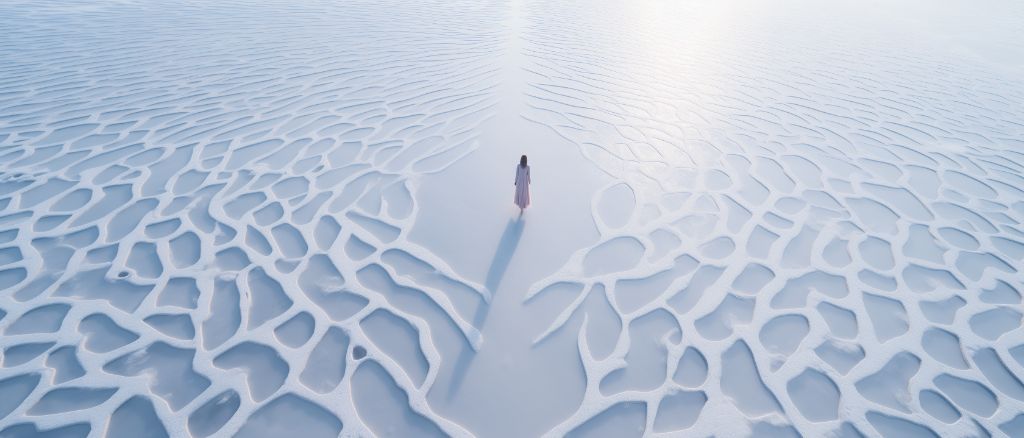 Woman on frozen lake with geometric ice patterns, aerial shot.