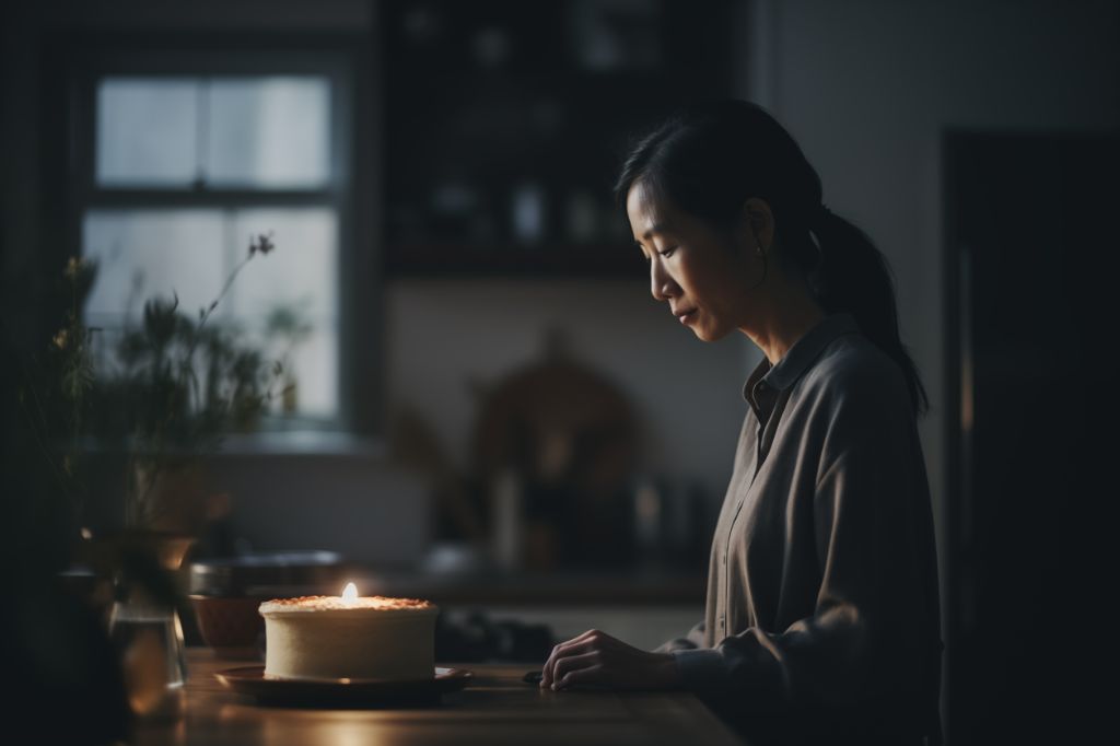 Asian woman preparing cake in candlelit cozy kitchen