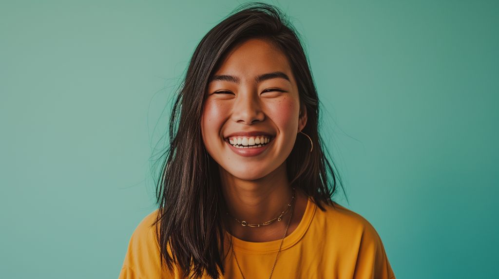 Joyful young woman smiling against a teal background