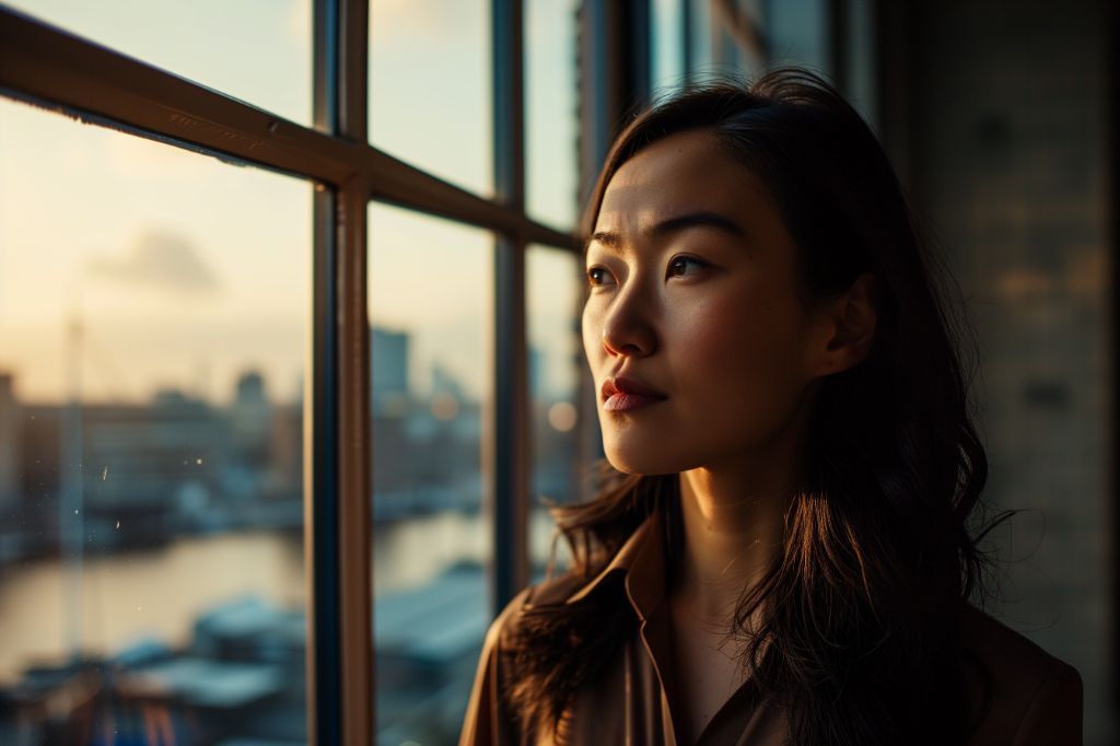 Woman gazing out a window during sunset, cityscape in background