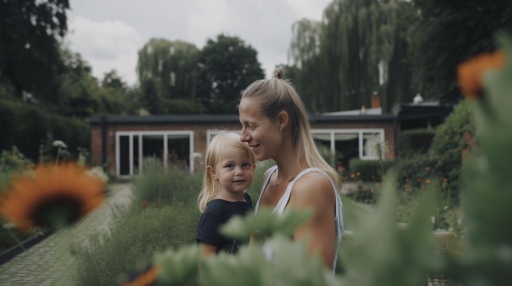 Mother and child standing in a garden during summer
