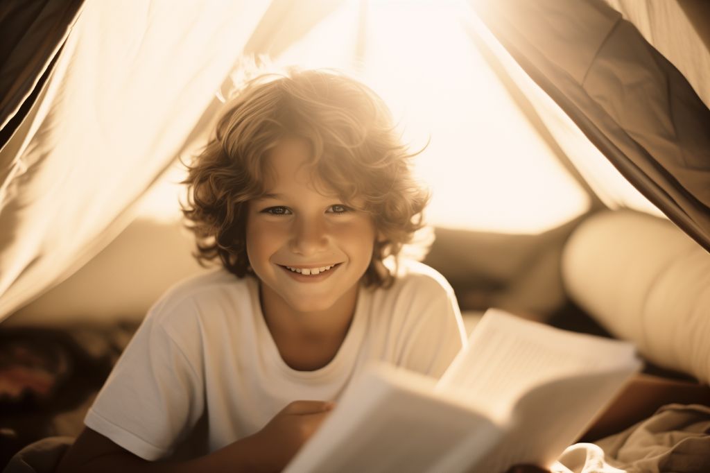 Boy reading book in home tent