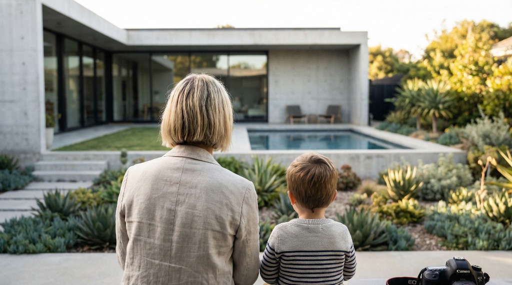 Woman and child sitting by a modern house with a pool.
