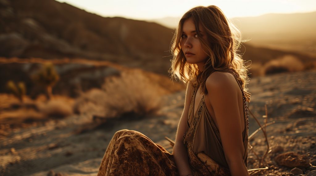 Woman in bohemian attire sitting thoughtfully in desert