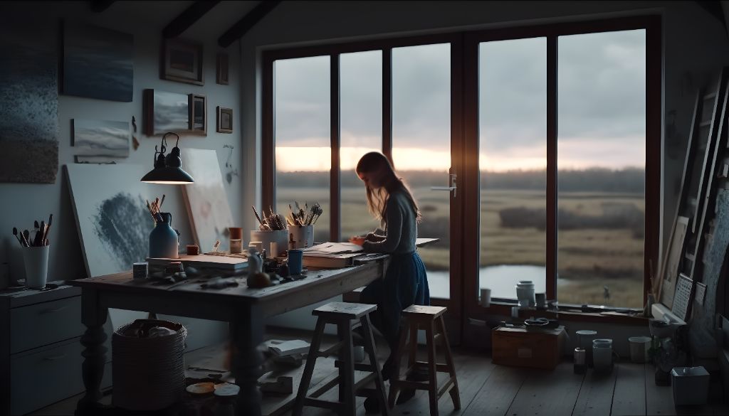 30-something female artist paints in her home studio with large windows at dusk