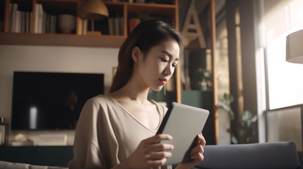 Young Asian woman holding tablet in living room