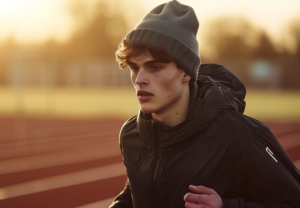 Young athlete running on a track field at sunset