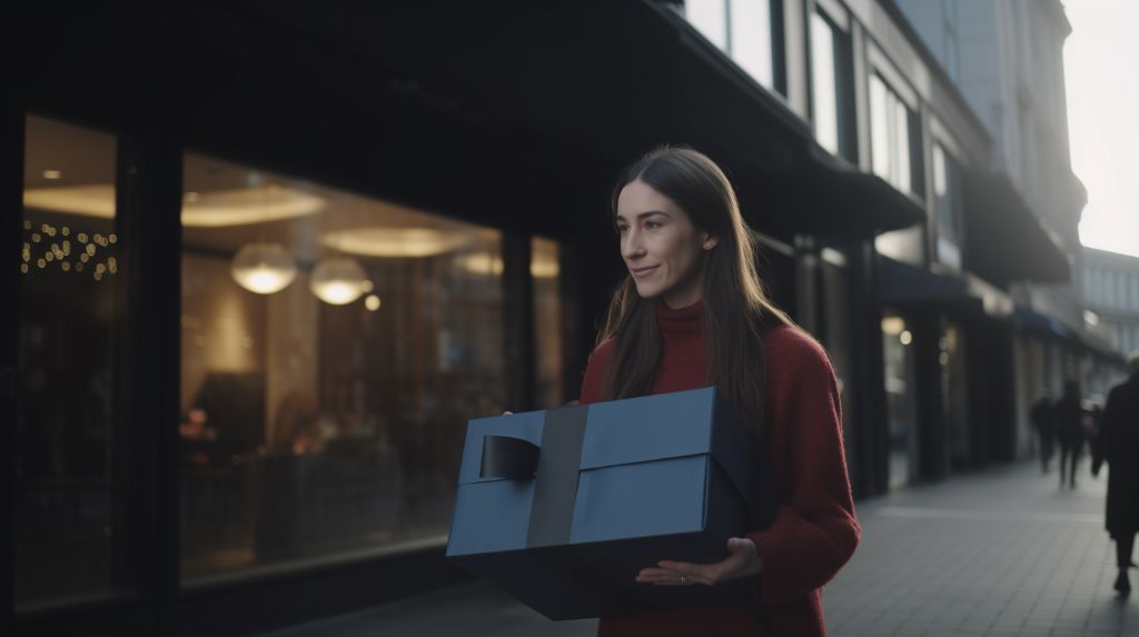 Woman holding a large gift box on a vibrant city street