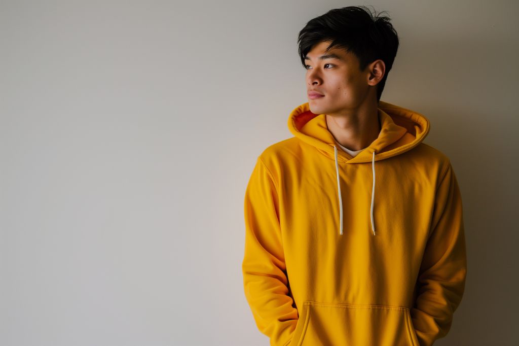 Young man in yellow hoodie looking thoughtful against a neutral background