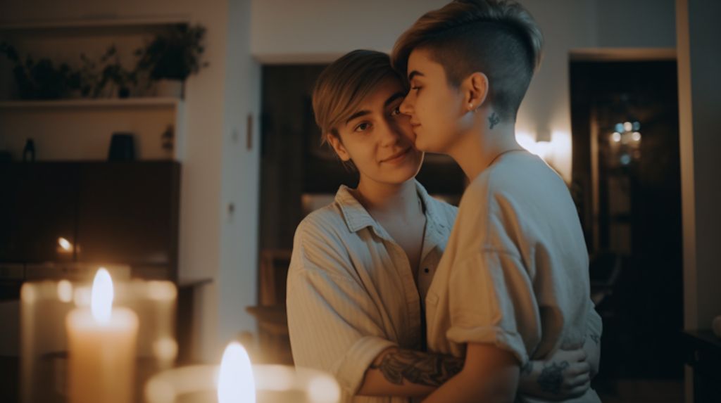 Intimate home moment: wide shot of lesbian couple
