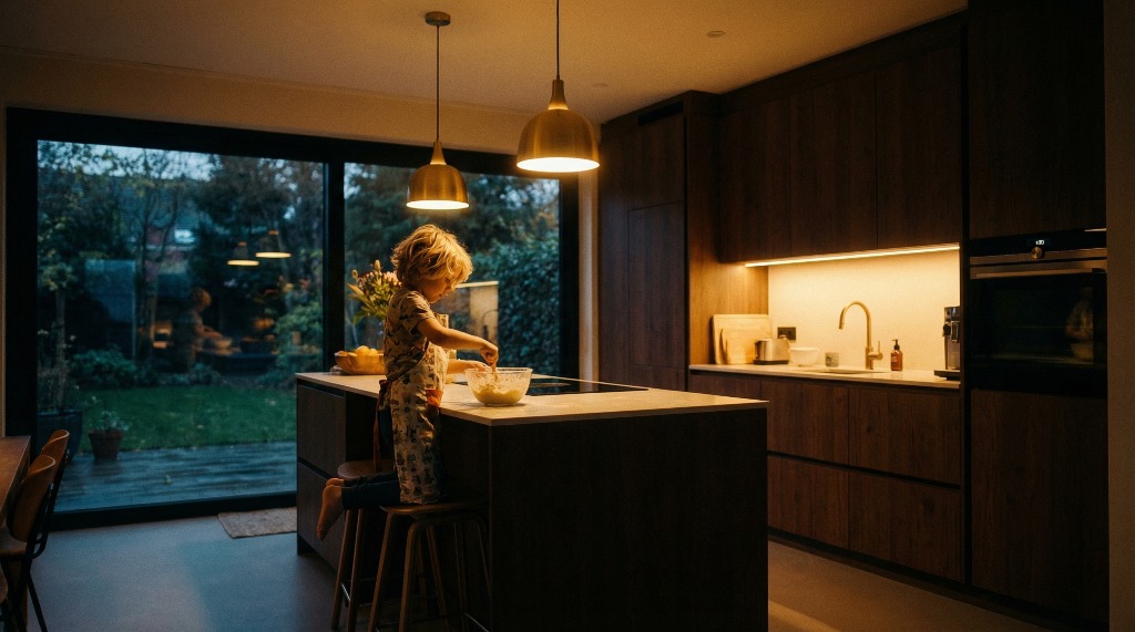 Young child standing on a stool in a dimly lit kitchen.