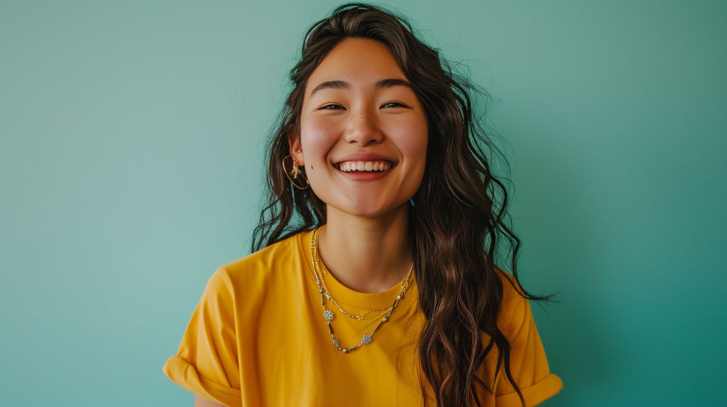 Joyful young woman smiling in a yellow shirt against a teal background