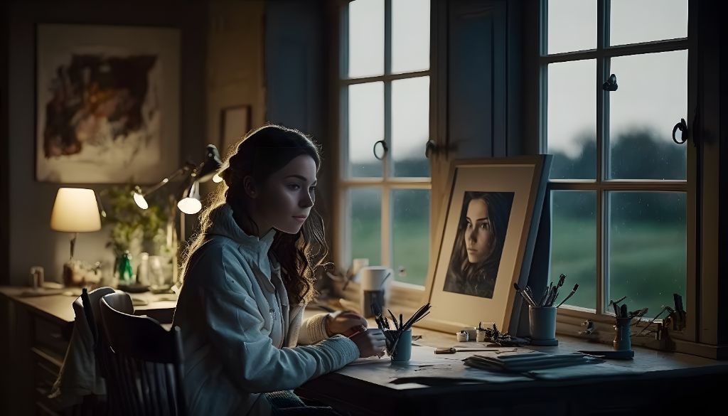 "artist's home atelier at dusk: woman painting by large windows"