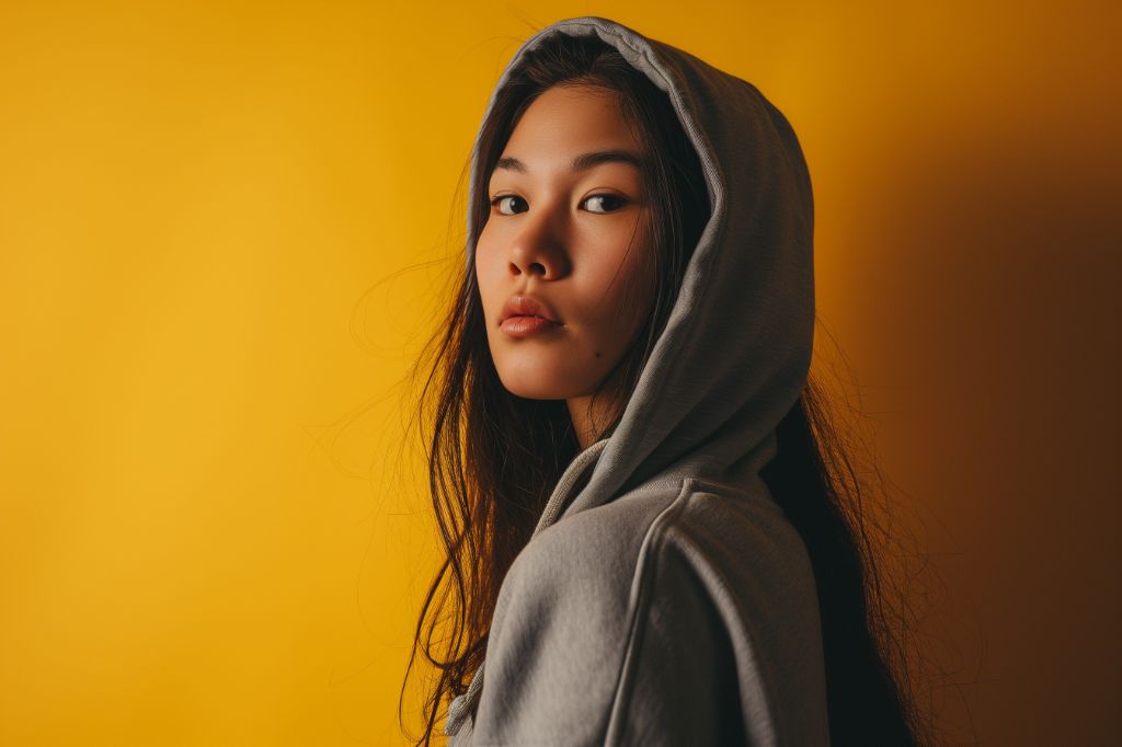 Portrait of a young woman in a hoodie against a yellow background