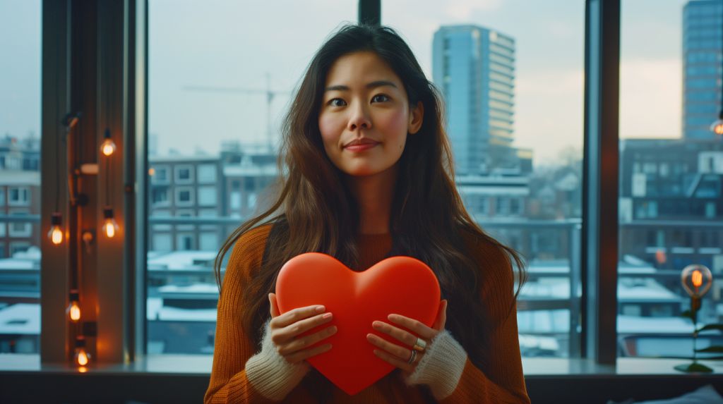 Woman holding a heart-shaped object with a cityscape background
