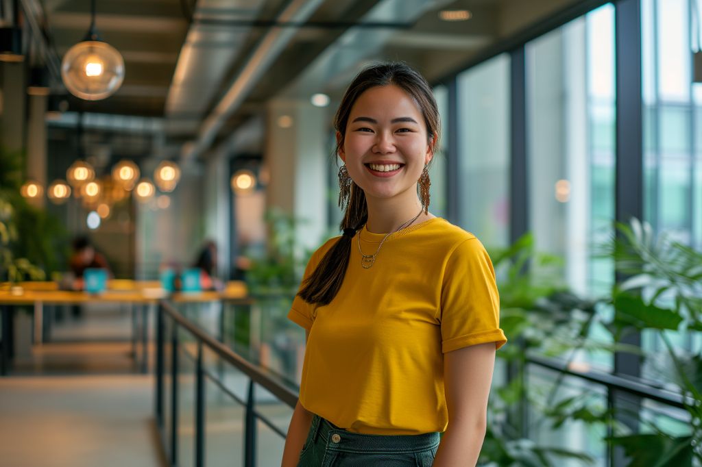 Smiling woman in yellow top in a modern office space