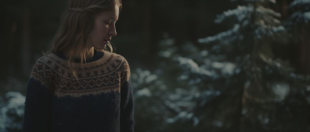 Woman in a knitted sweater gazing thoughtfully in a snowy forest