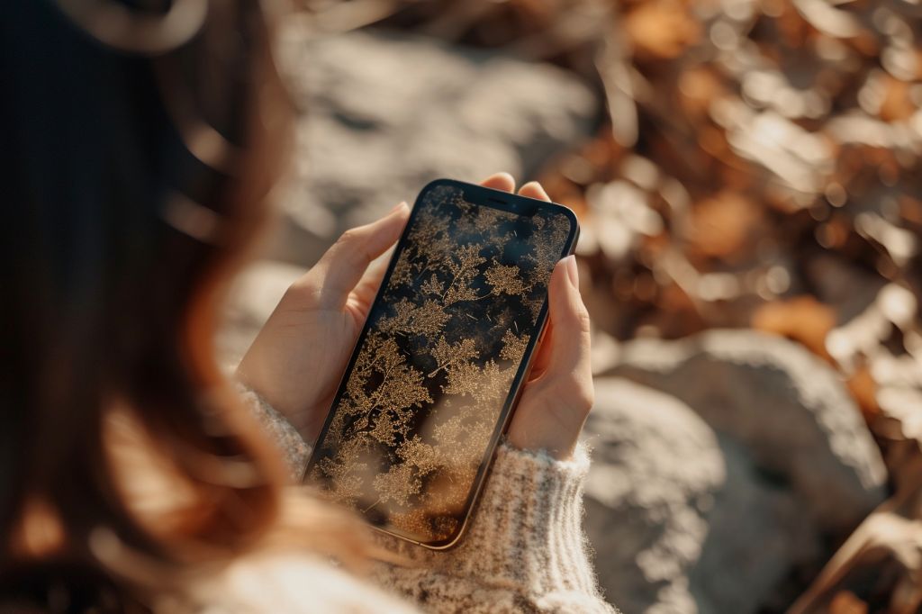 Close-up of a hand holding a smartphone with a leafy pattern