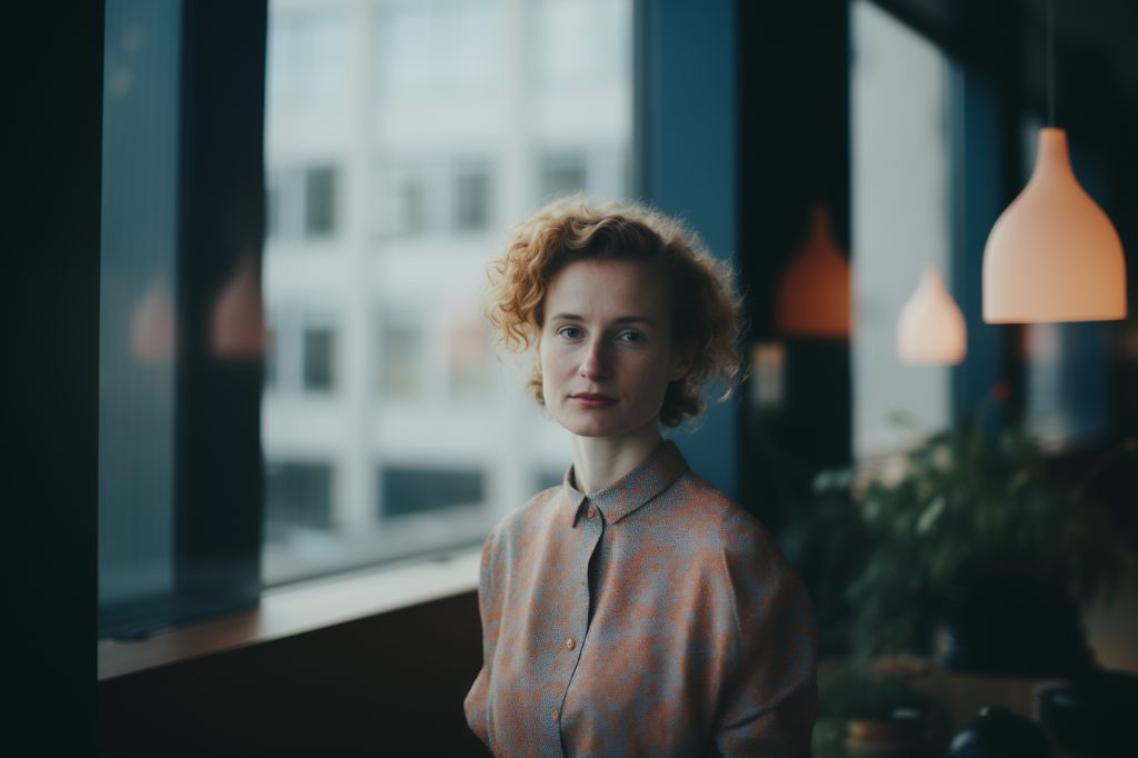 Wide shot of woman in office with city view
