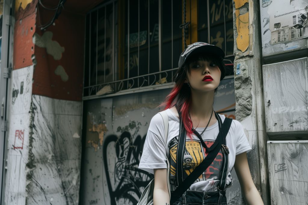 Stylish woman with red hair in urban setting with graffiti