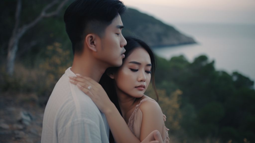 Young asian couple hugging by the sea