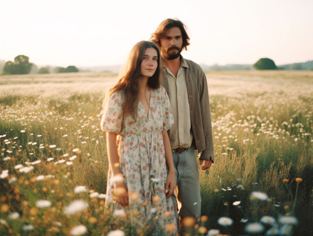 Bohemian couple among flowers in golden hour