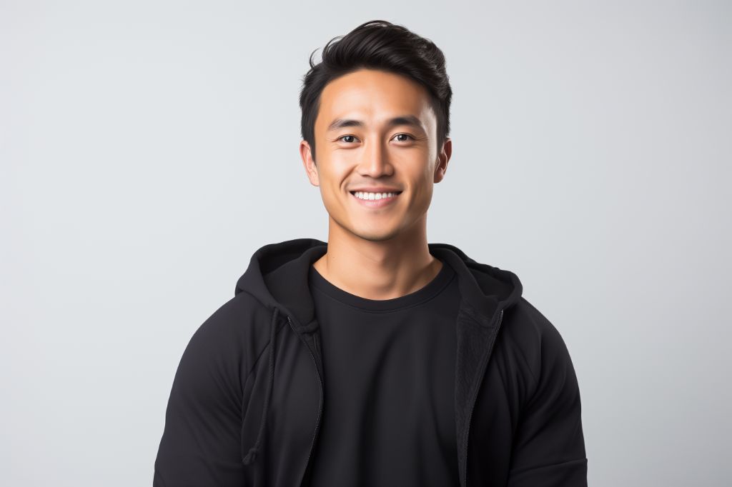 Studio shot of a smiling asian man in black top