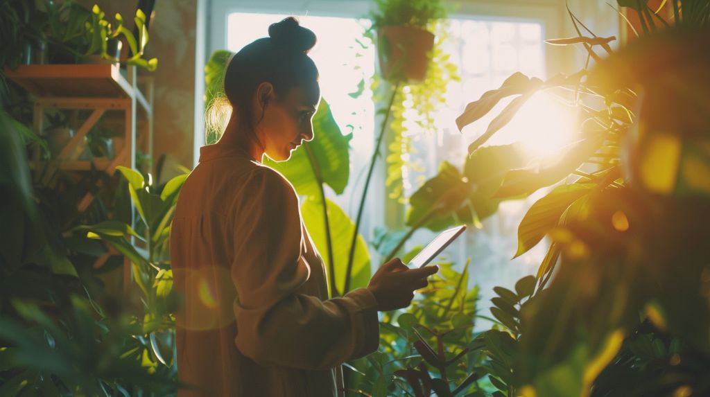 Woman with phone surrounded by lush indoor plants in sunlight