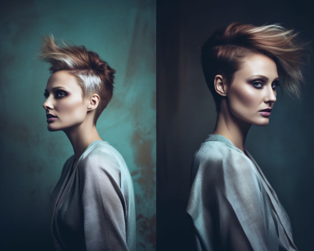 Contrasting abstract hairstyles: sleek updo vs textured messy look