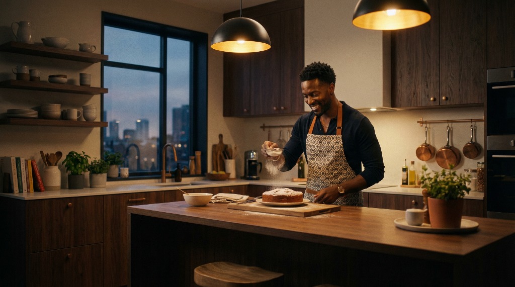 Man in apron dusting cake with sugar in modern kitchen