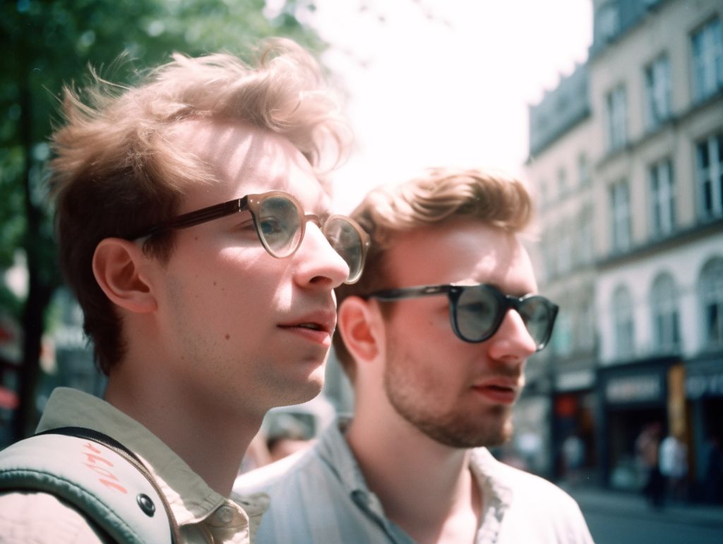 Gay couple exploring a new city medium shot