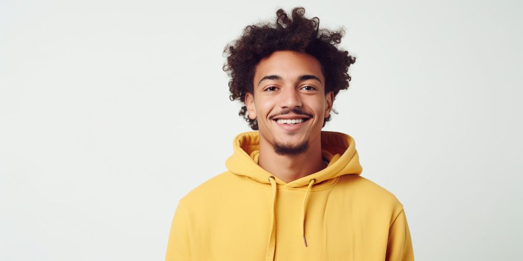 smiling 24-year-old boy in yellow hoodie - clean studio shot