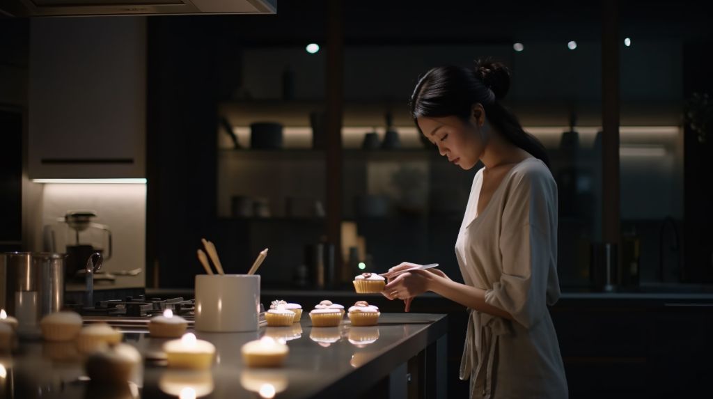 Modern japanese woman baking cake in kitchen