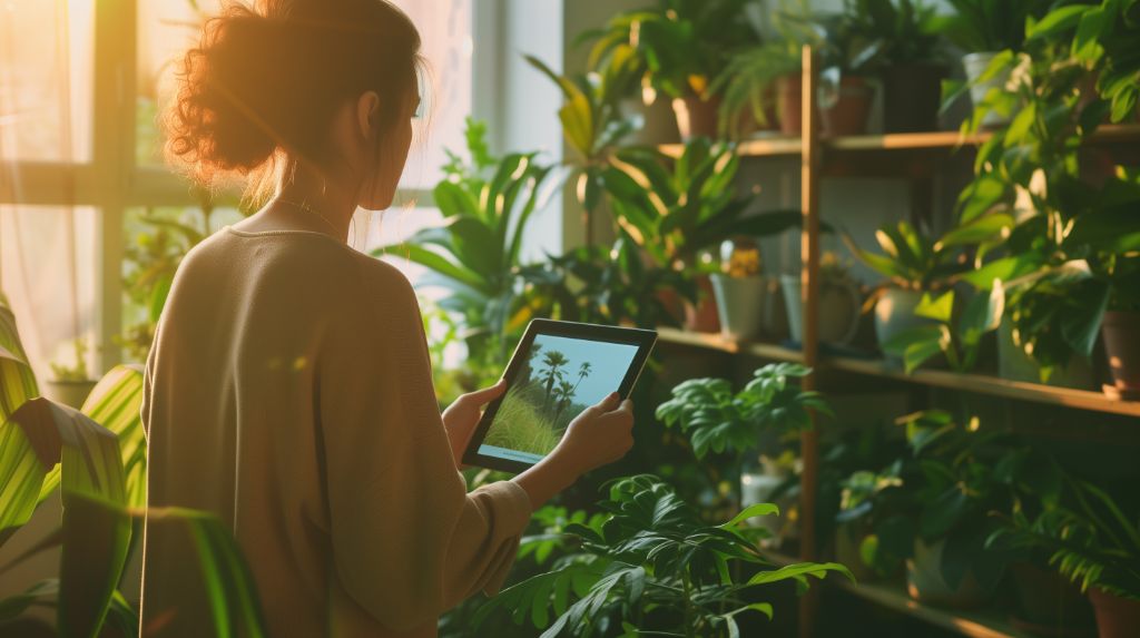 Woman with tablet surrounded by indoor plants during golden hour