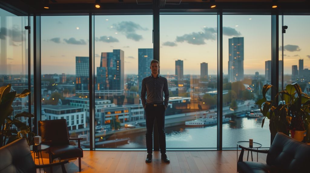 Man standing in front of large windows overlooking city skyline at dusk