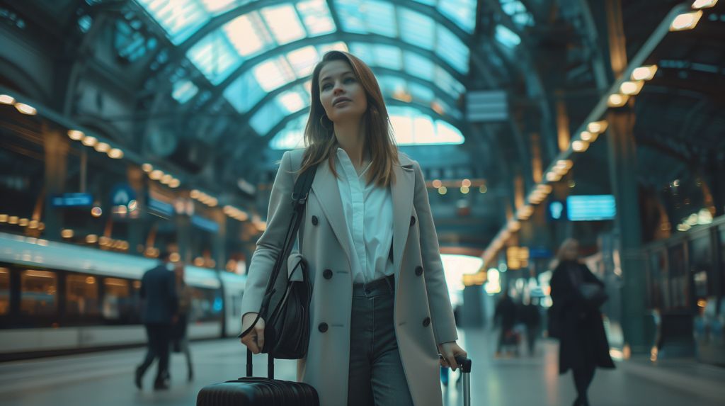 Woman walking in train station with suitcase and bag