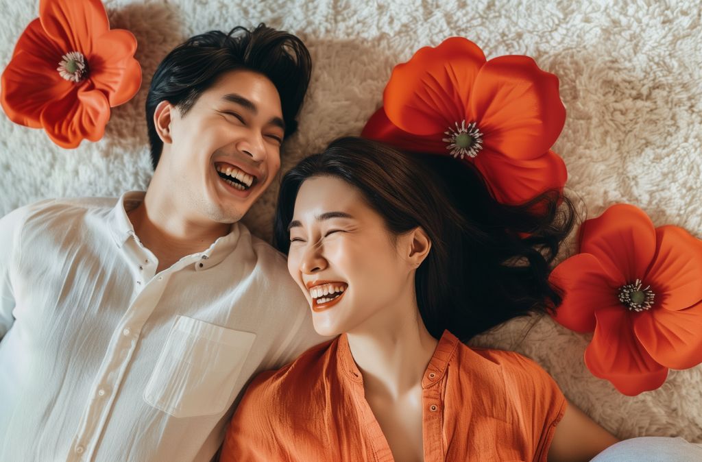 Joyful couple lying with vibrant red flowers, sharing a laugh